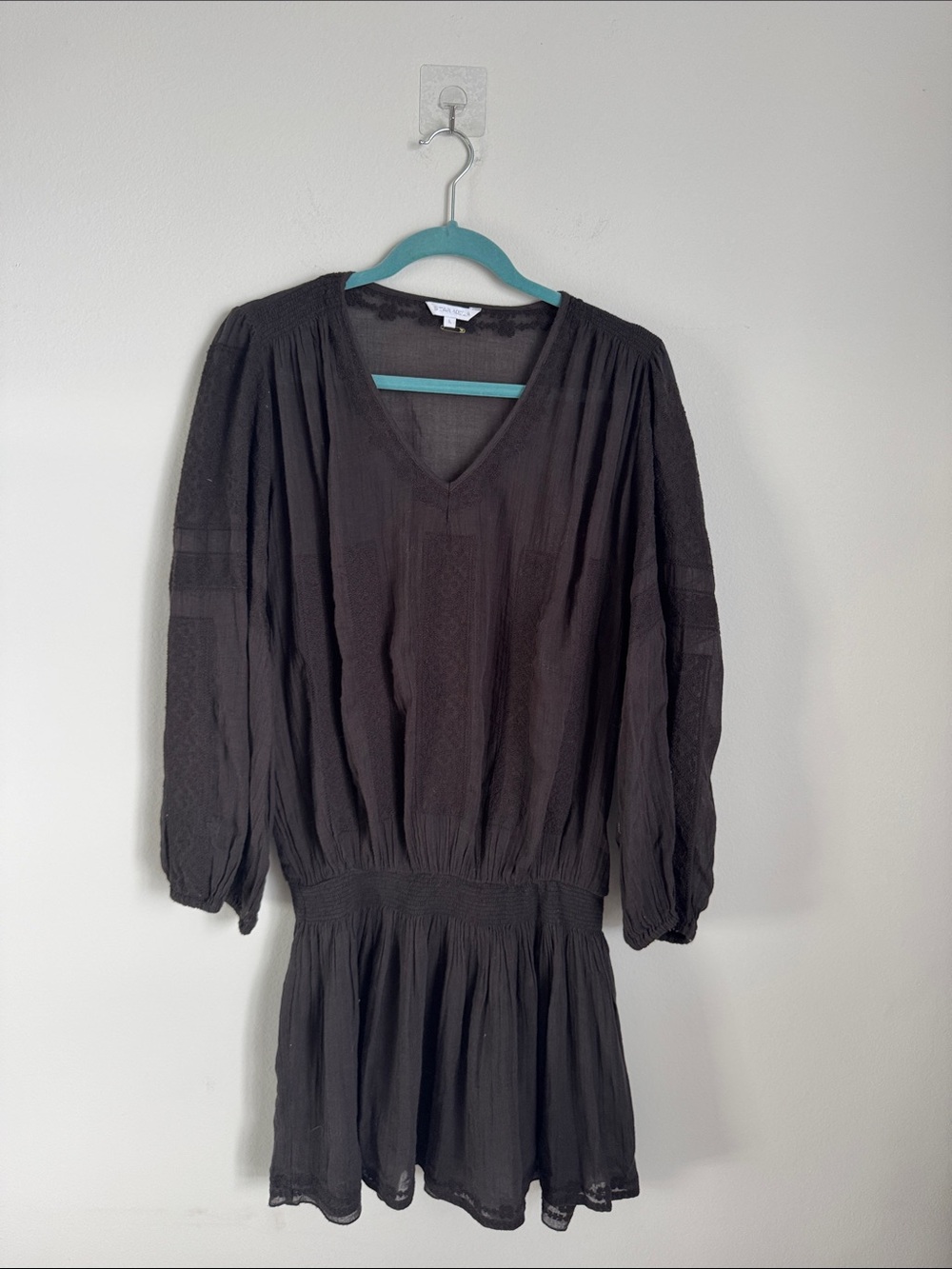 Star Mela Black Boho Peasant Mini Dress Size L Embroidered Sheer Long Sleeve - Picture 2 of 9